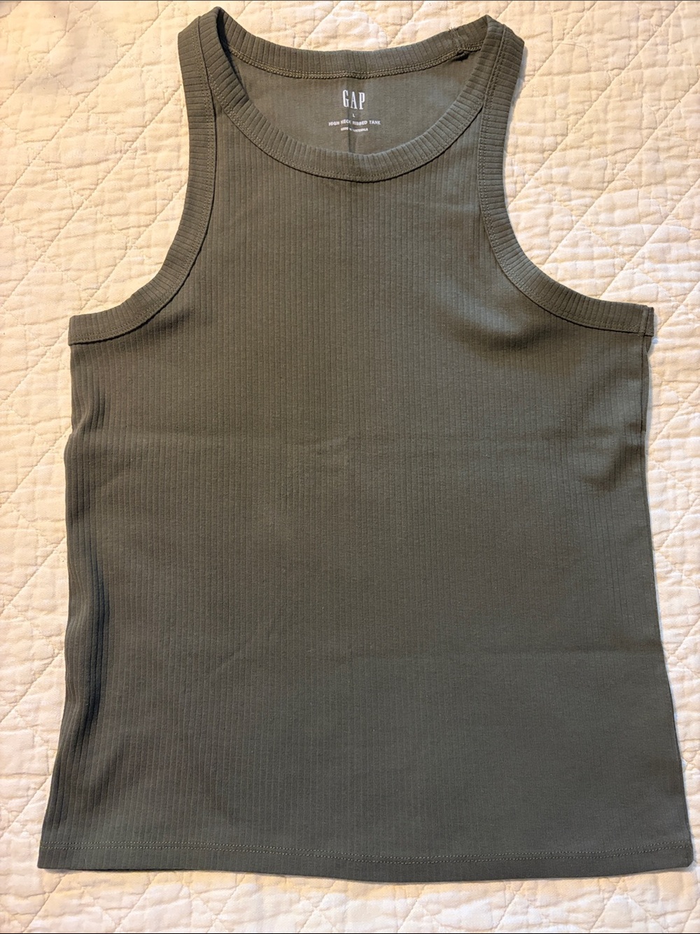 GAP Olive Green High Neck Ribbed Sleeveless Fitted Tank Top size L